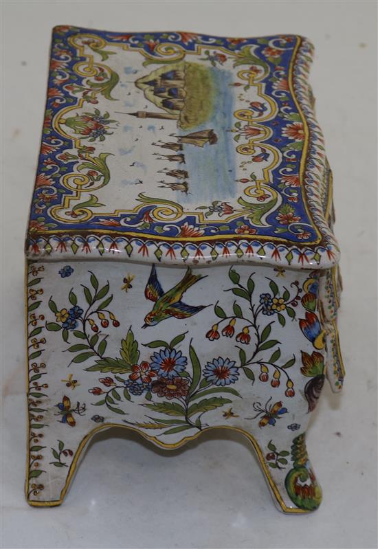 A French faience model of a two drawer commode, late 19th century, width 20.5cm (8in.)